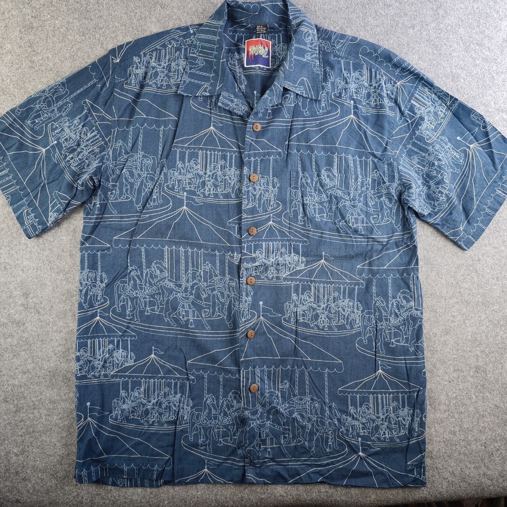 Dem Crazy Shirt‎ Mens XL Blue Carousel Geometric Short Sleeve Button Up